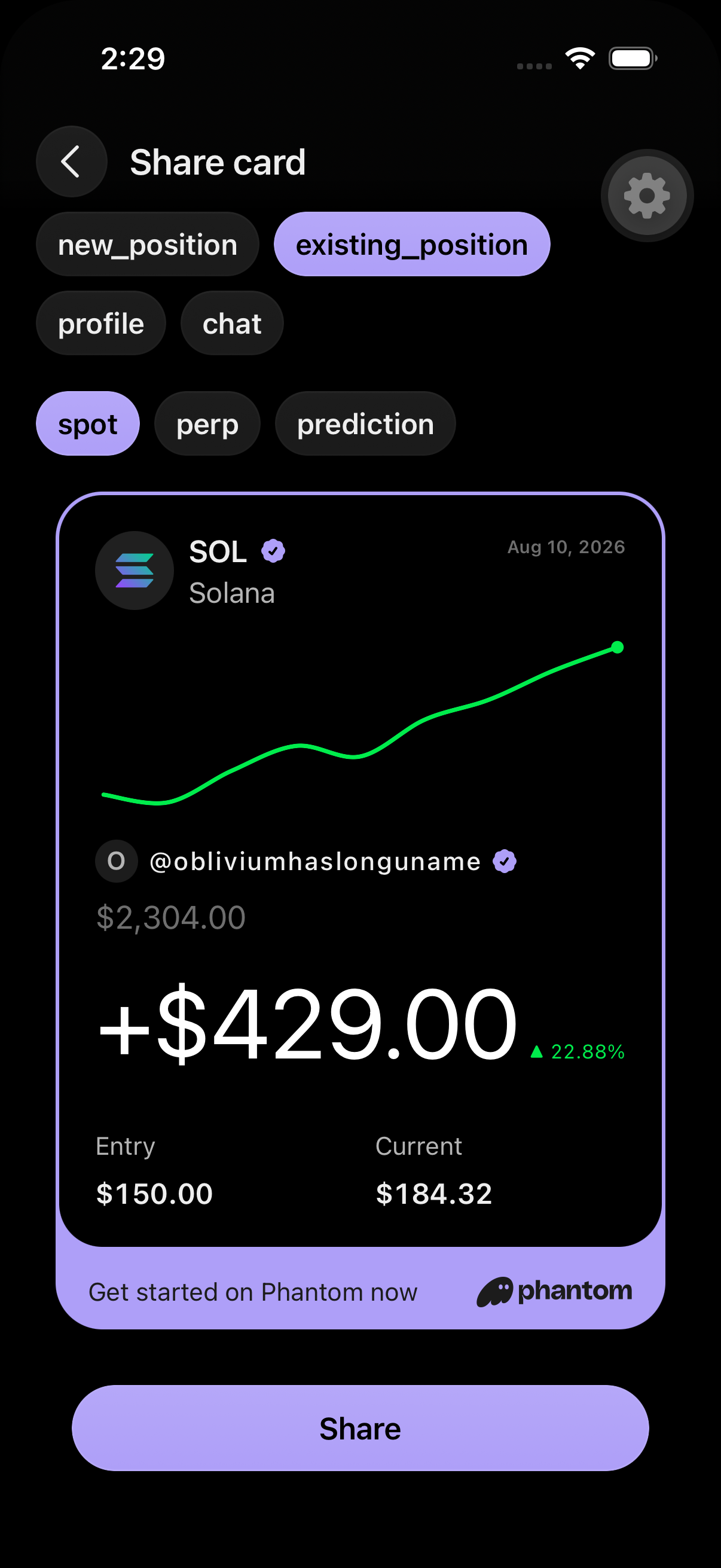 Simulator: SOL share card with verified badges